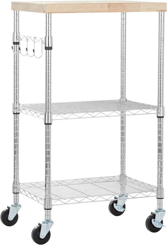 3-Tier Portable Kitchen Storage Rack with Caster Wheels, Adjustable Shelves, 21x15x36.7", Wood/Chrome, 175 lbs Capacity