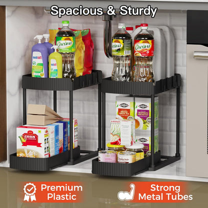 2 Pack Multi-Purpose Pull-Out Storage Organizers, 12.8" Under-Sink and Under-Cabinet Storage for Bathroom & Kitchen, Black