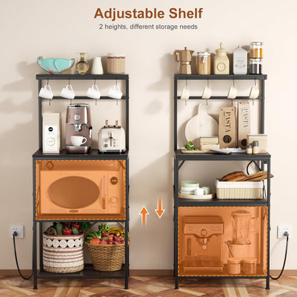 4-Tier Kitchen Bakers Rack with Power Outlet, Coffee Bar Table, Microwave Stand, 8 Hooks, Coffee Station Organizer, Spice and Pot Storage, Black