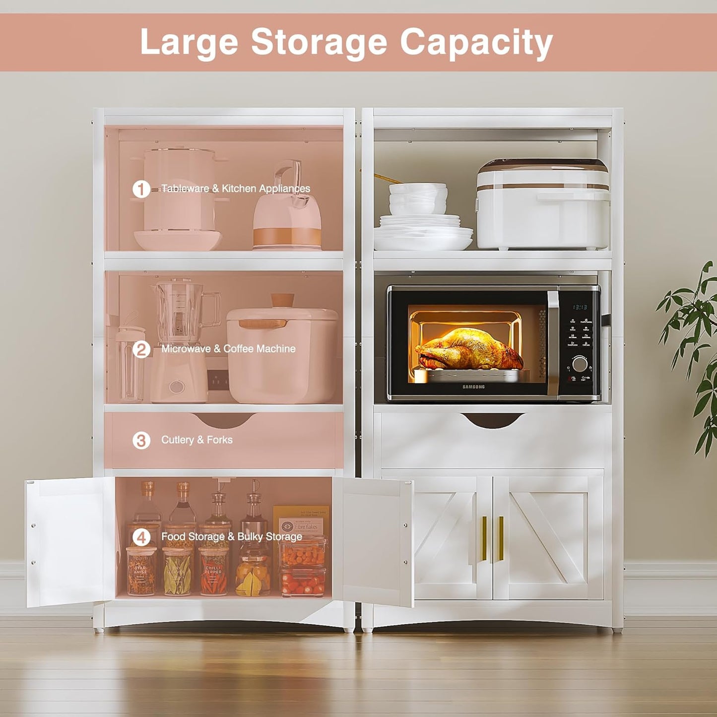 4-Tier Bakers Rack with Power Outlet, Microwave Stand, Freestanding Kitchen Storage Rack, Coffee Bar, Rustic Brown
