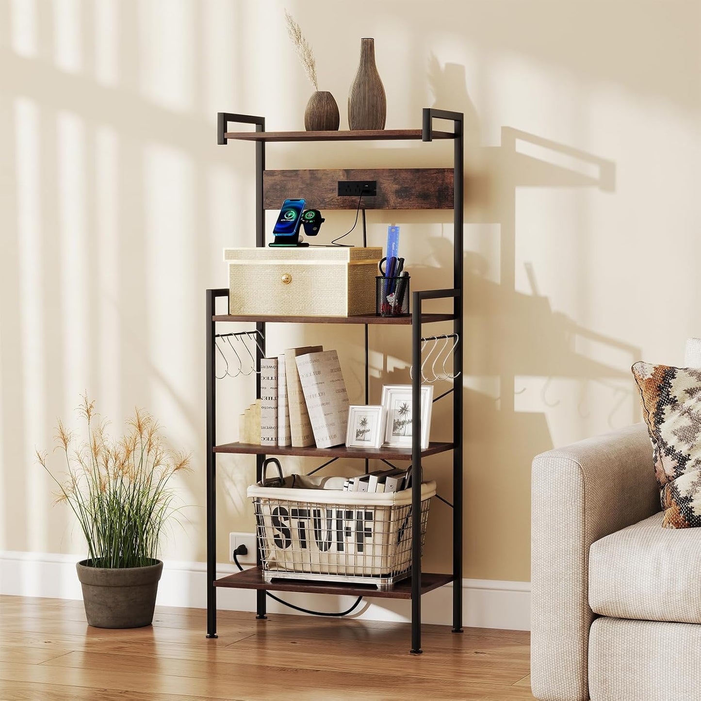4-Tier Kitchen Bakers Rack with Power Outlets, USB Ports, 8 Hooks, Coffee Bar Table and Microwave Stand, Spice and Pot Storage, Home and Office