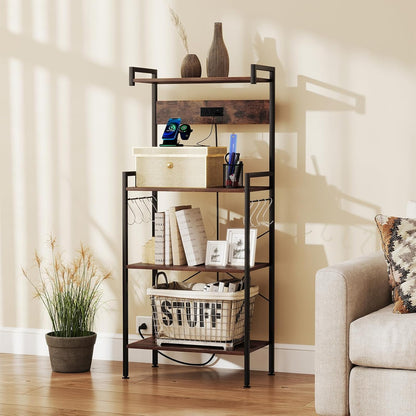 4-Tier Kitchen Bakers Rack with Power Outlets, USB Ports, 8 Hooks, Coffee Bar Table and Microwave Stand, Spice and Pot Storage, Home and Office