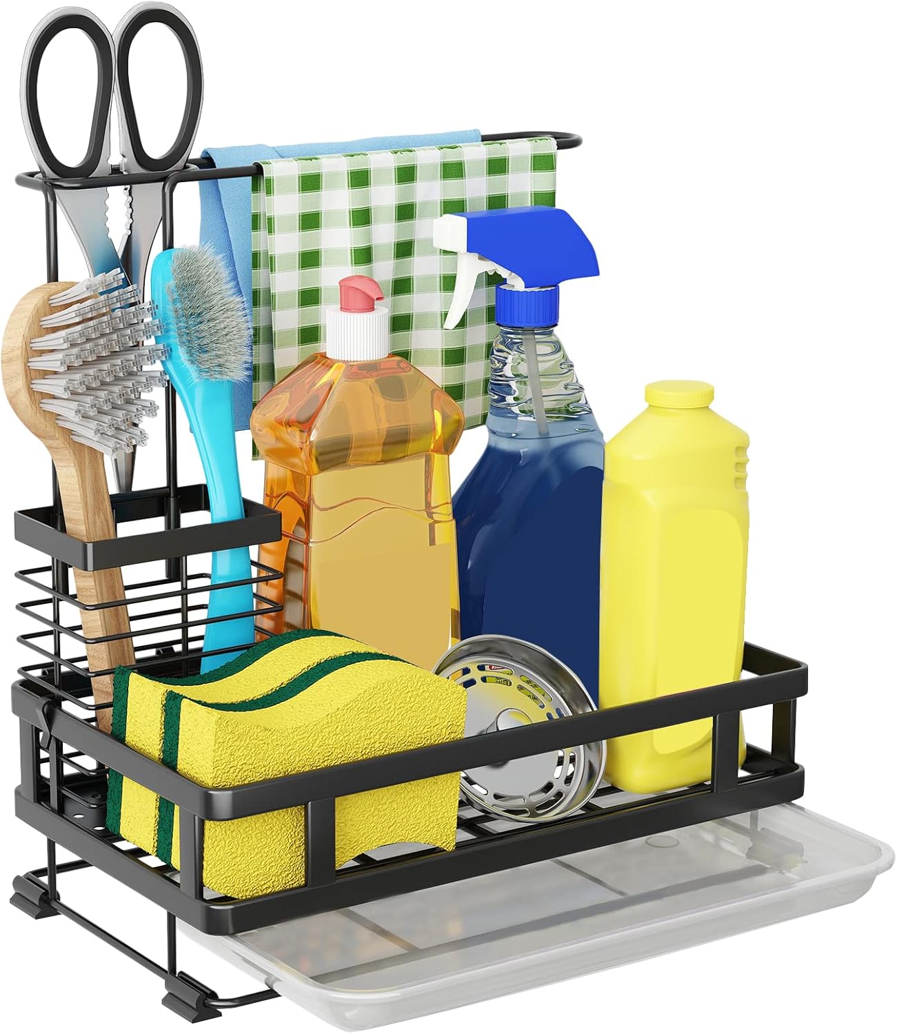 Dish Soap Dispenser and Kitchen Sink Organizer, 304 Stainless Steel with Brush Rack, Sponge Holder, and Drain-Pan Sink Caddy, Kitchen Gadget Gift