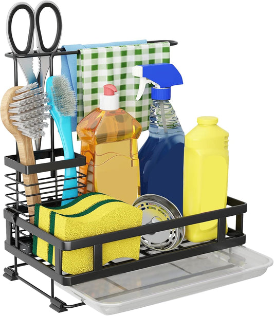 Dish Soap Dispenser and Kitchen Sink Organizer, 304 Stainless Steel with Brush Rack, Sponge Holder, and Drain-Pan Sink Caddy, Kitchen Gadget Gift