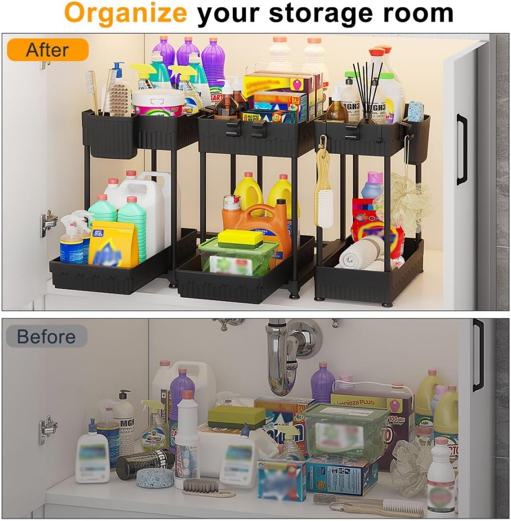 3 Pack Under-Sink 2-Tier Organizers with Sliding Drawers, Multi-Use Kitchen and Bathroom Storage, 12.8" Black Cabinet Organizer