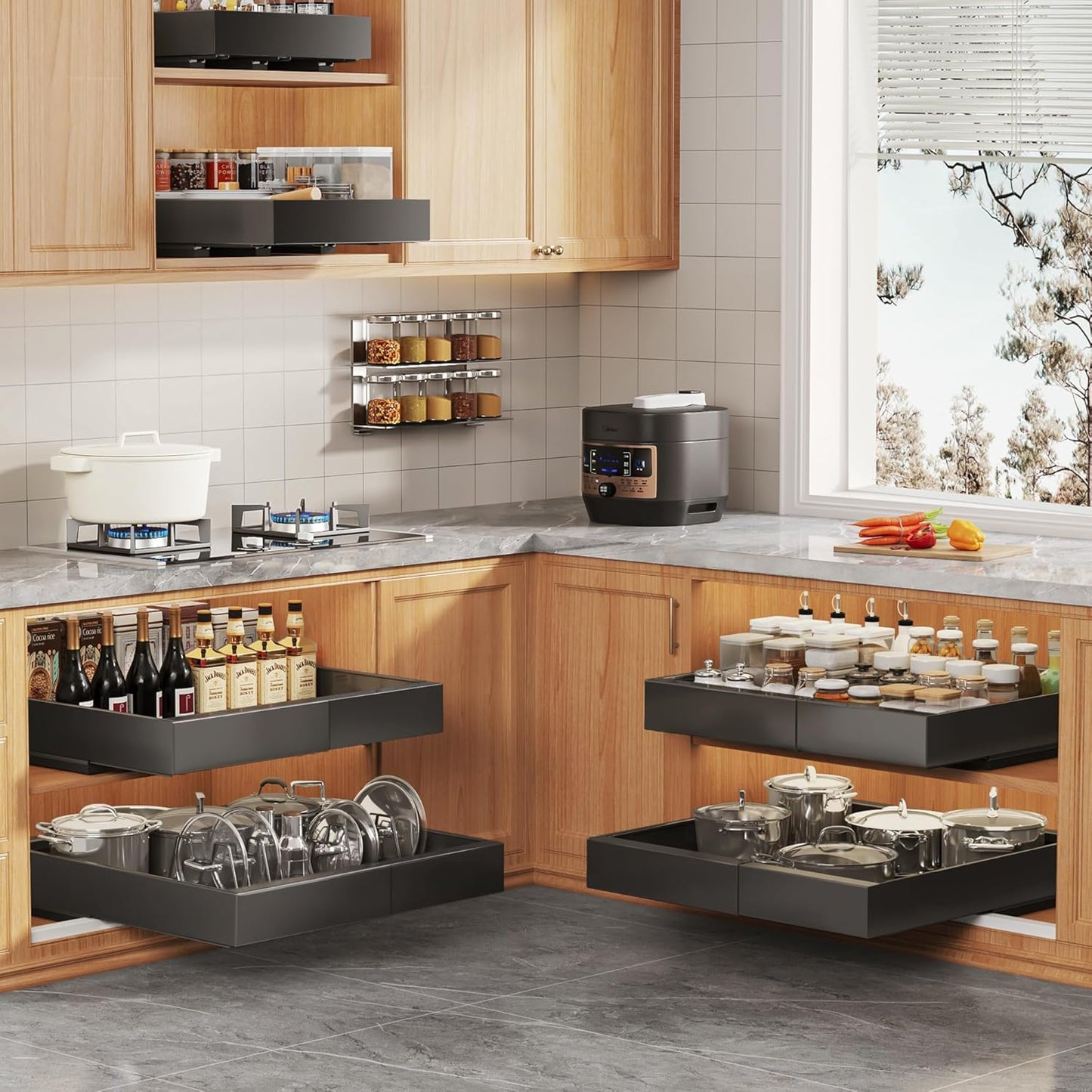 6 Pack Expandable Pull-Out Cabinet Organizers, 21" Deep Roll-Out Drawers with Raising Pad for Framed Cabinets, 4 Divider Racks, Adhesive Slide-Out Shelves, Adjustable Width 12.05"-20.4", Black