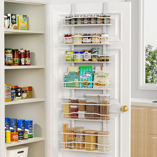 6-Tier Over Door Pantry Organizer, Hanging Metal Spice Rack with Basket Shelves, Kitchen and Bathroom Storage, White