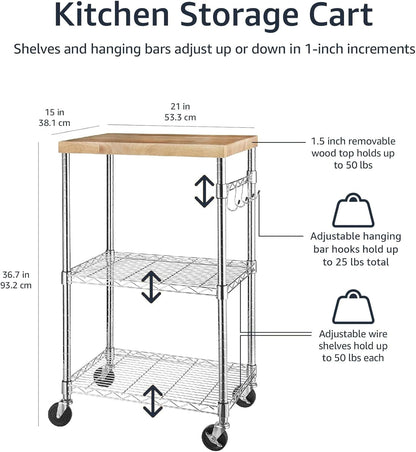 3-Tier Portable Kitchen Storage Rack with Caster Wheels, Adjustable Shelves, 21x15x36.7", Wood/Chrome, 175 lbs Capacity