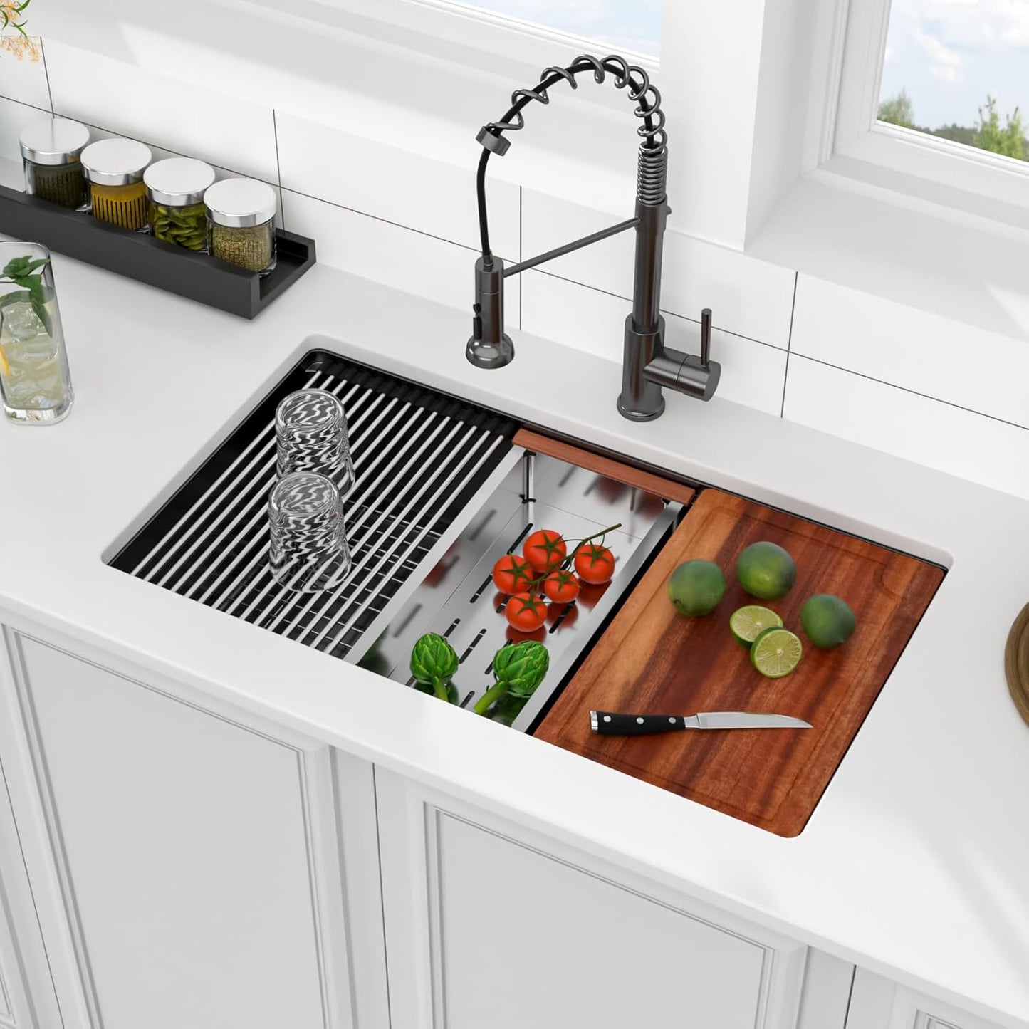 33x19-Inch Black Stainless Steel Undermount Kitchen Sink, Single Bowl Workstation, 16-Gauge T304, Nano-PVD, Round Corners