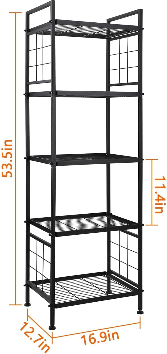 5-Tier Metal Book Shelf and Storage Rack, Standing Bookcase for Kitchen, Bathroom, Laundry Organizer, Black