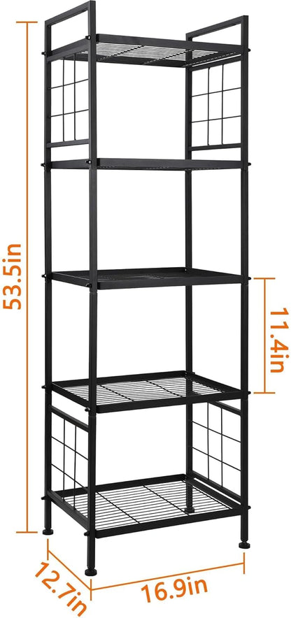 5-Tier Metal Book Shelf and Storage Rack, Standing Bookcase for Kitchen, Bathroom, Laundry Organizer, Black