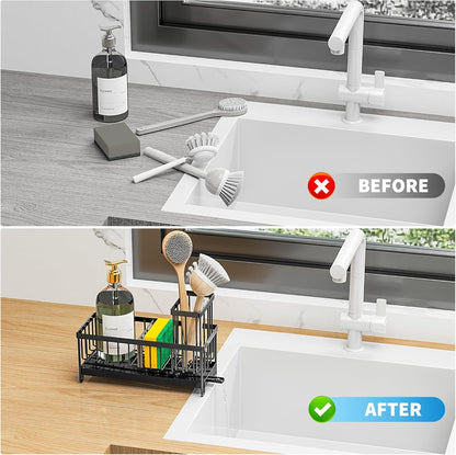 Black Kitchen Sink Sponge Holder Caddy, Rustproof 304 Stainless Steel with Brush & Soap Organizer