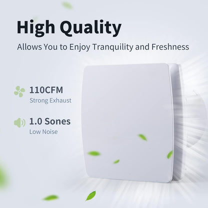 Exhaust Fan 110CFM, 1.0 Sones, 5.9" Duct, White Square Quiet Ceiling or Wall-Mount Ventilation Fan for Bathroom, Office, Laundry, or Shop