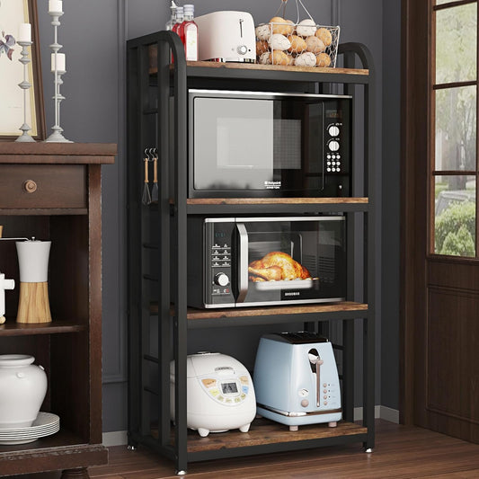 4-Tier Free-Standing Microwave Oven Stand with Storage, Coffee Bar, Adjustable Kitchen Shelves, Bakers Rack, Brown