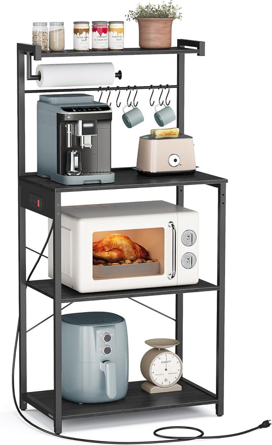 4-Tier Kitchen Bakers Rack with Power Outlet, Coffee Bar, Microwave Stand, Adjustable Shelf, 8 Hooks, Small Space Storage, Charcoal Gray and Ink Black