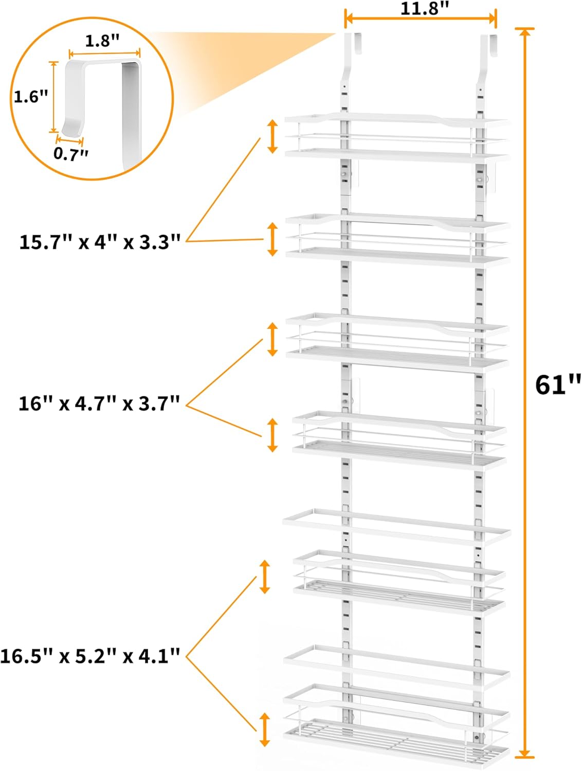 6-Tier Over Door Pantry Organizer, Hanging Metal Spice Rack with Basket Shelves, Kitchen and Bathroom Storage, White