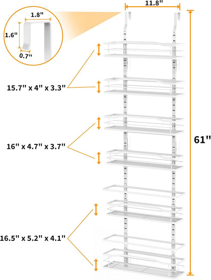 6-Tier Over Door Pantry Organizer, Hanging Metal Spice Rack with Basket Shelves, Kitchen and Bathroom Storage, White