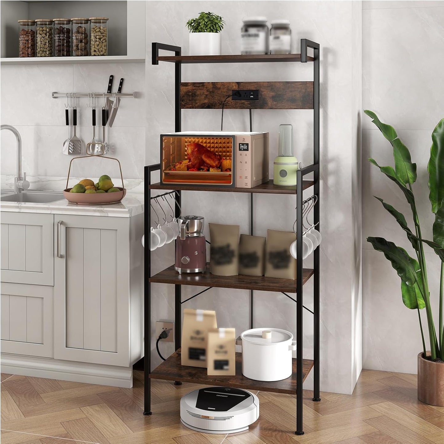 4-Tier Kitchen Bakers Rack with Power Outlets, USB Ports, 8 Hooks, Coffee Bar Table and Microwave Stand, Spice and Pot Storage, Home and Office