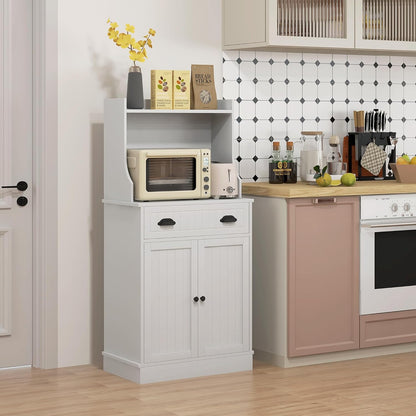Microwave Cabinet with Storage Drawer, Double Door and Adjustable Shelf, Buffet Hutch with Cable Hole, Kitchen, Dining, Living Room, White
