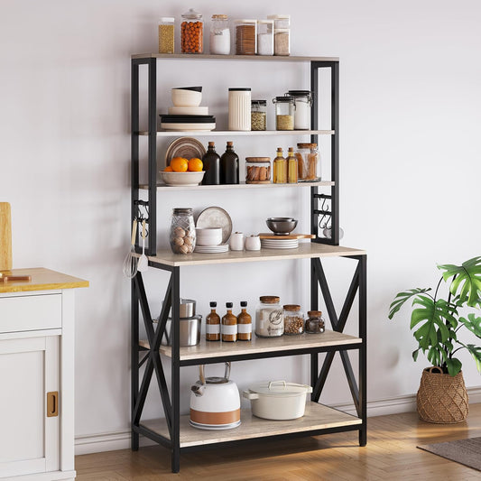 6-Tier Kitchen Bakers Rack, 31.5-Inch Coffee Bar Table, Farmhouse Microwave Stand, Corner Organizer Shelf for Spices and Pots, Grey
