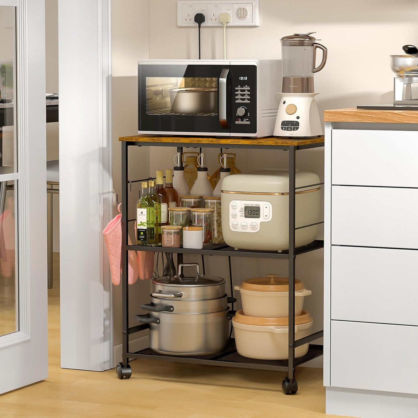 3-Tier Rolling Kitchen Microwave Cart with Storage, Utility Cart on Lockable Wheels, Coffee Cart Shelf Organizer for Living Room, Office, Balcony