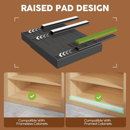 6 Pack Expandable Pull-Out Cabinet Organizers, 21" Deep Roll-Out Drawers with Raising Pad for Framed Cabinets, 4 Divider Racks, Adhesive Slide-Out Shelves, Adjustable Width 12.05"-20.4", Black