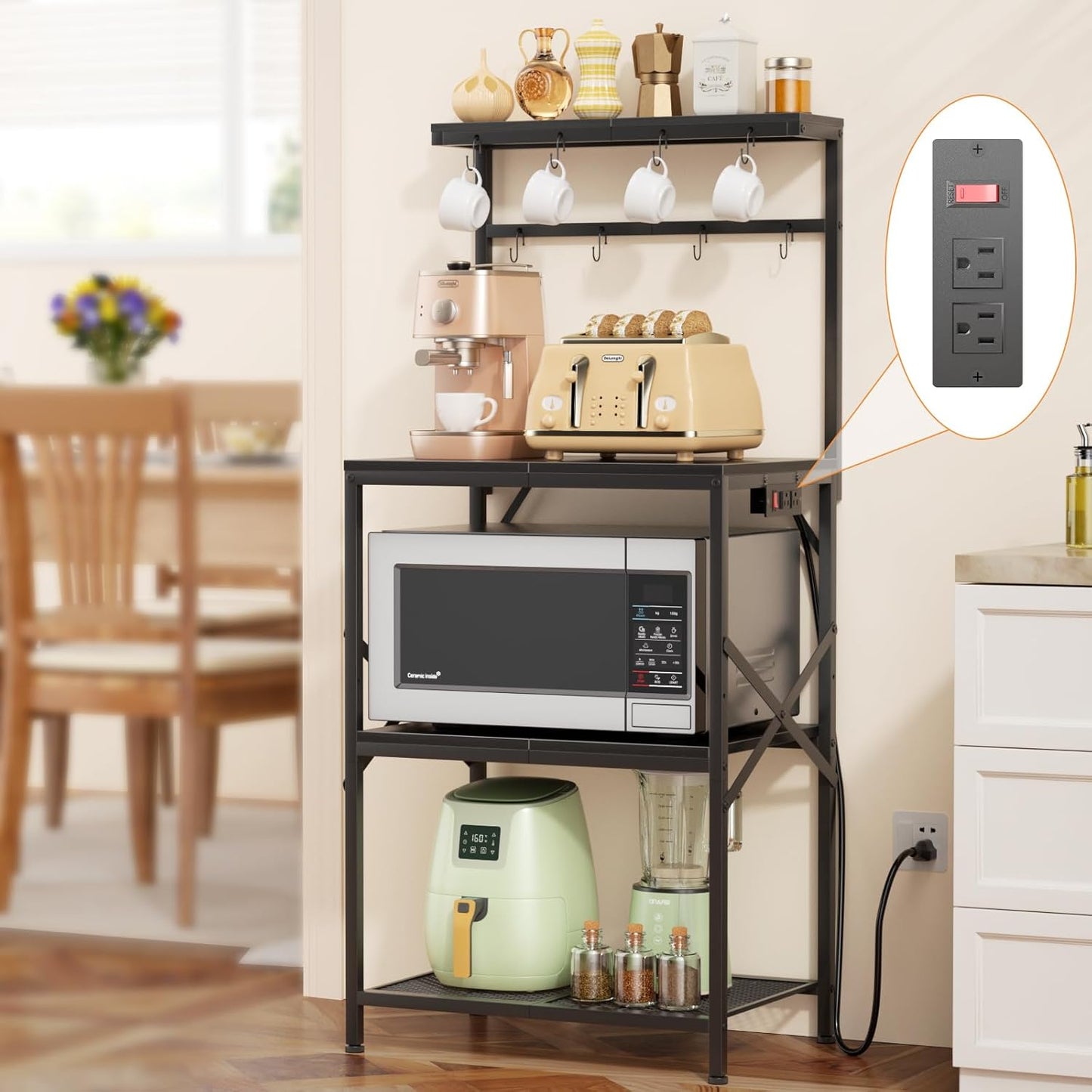 4-Tier Kitchen Bakers Rack with Power Outlet, Coffee Bar Table, Microwave Stand, 8 Hooks, Coffee Station Organizer, Spice and Pot Storage, Black
