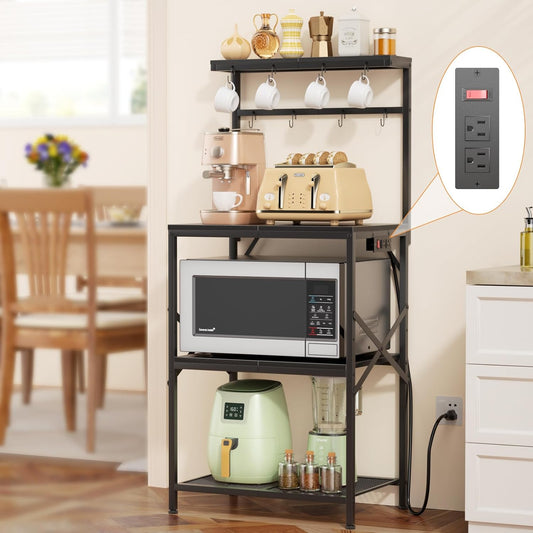 4-Tier Kitchen Bakers Rack with Power Outlet, Coffee Bar Table, Microwave Stand, 8 Hooks, Coffee Station Organizer, Spice and Pot Storage, Black