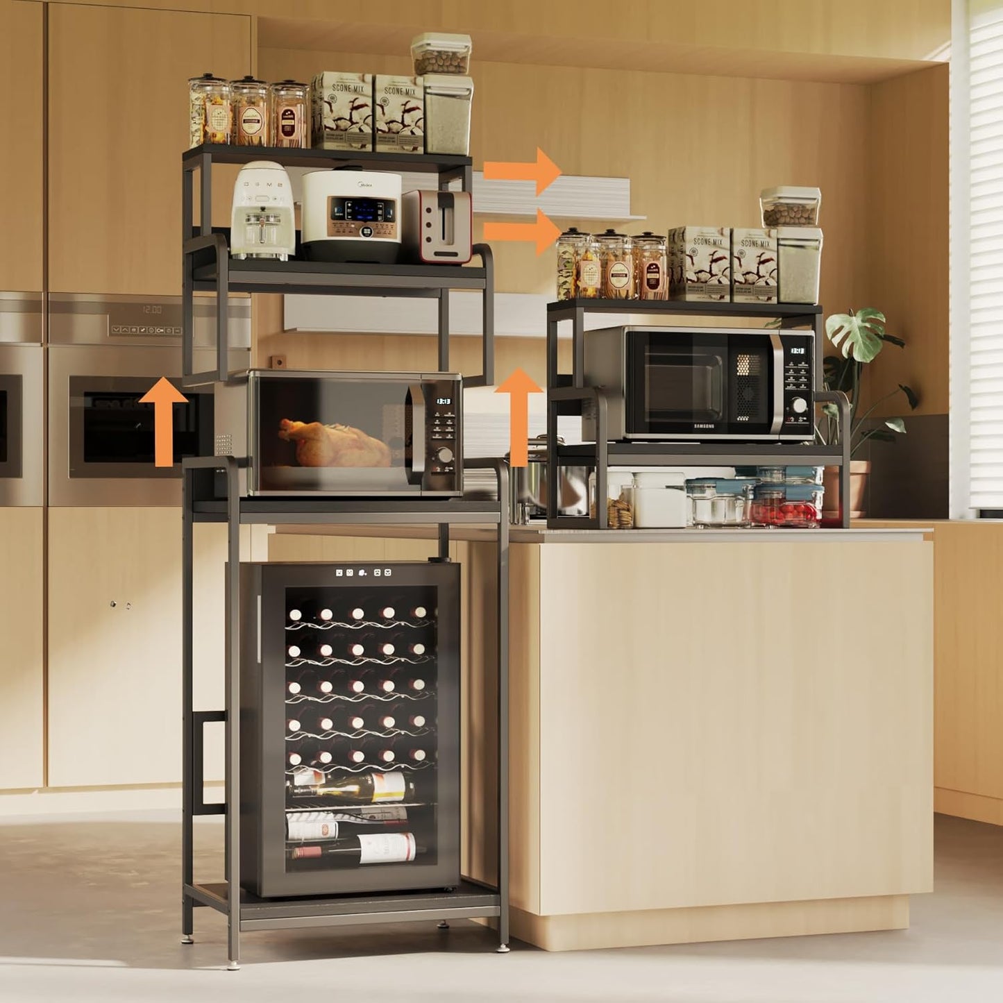 4-Tier Mini Fridge Stand with Storage, Microwave Oven Stand, Bakers Rack, Home, Office, Dorm, Black Wood Grain