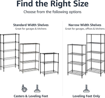 4-Shelf Steel Wire Storage Rack, Adjustable and Sturdy, Easy Assembly, 13.4" D x 23.2" W x 48" H, Black