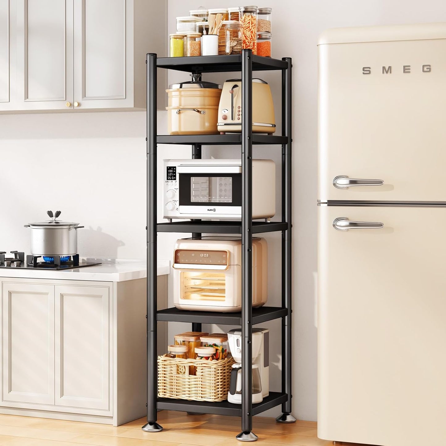 5-Tier Adjustable Kitchen Storage Shelves with Rolling Wheels, Metal Rack Organizer for Pantry, Bedroom, Laundry, Closet
