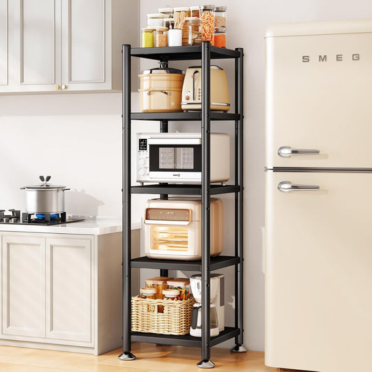 5-Tier Adjustable Kitchen Storage Shelves with Rolling Wheels, Metal Rack Organizer for Pantry, Bedroom, Laundry, Closet
