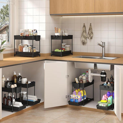 3 Pack Under-Sink 2-Tier Organizers with Sliding Drawers, Multi-Use Kitchen and Bathroom Storage, 12.8" Black Cabinet Organizer