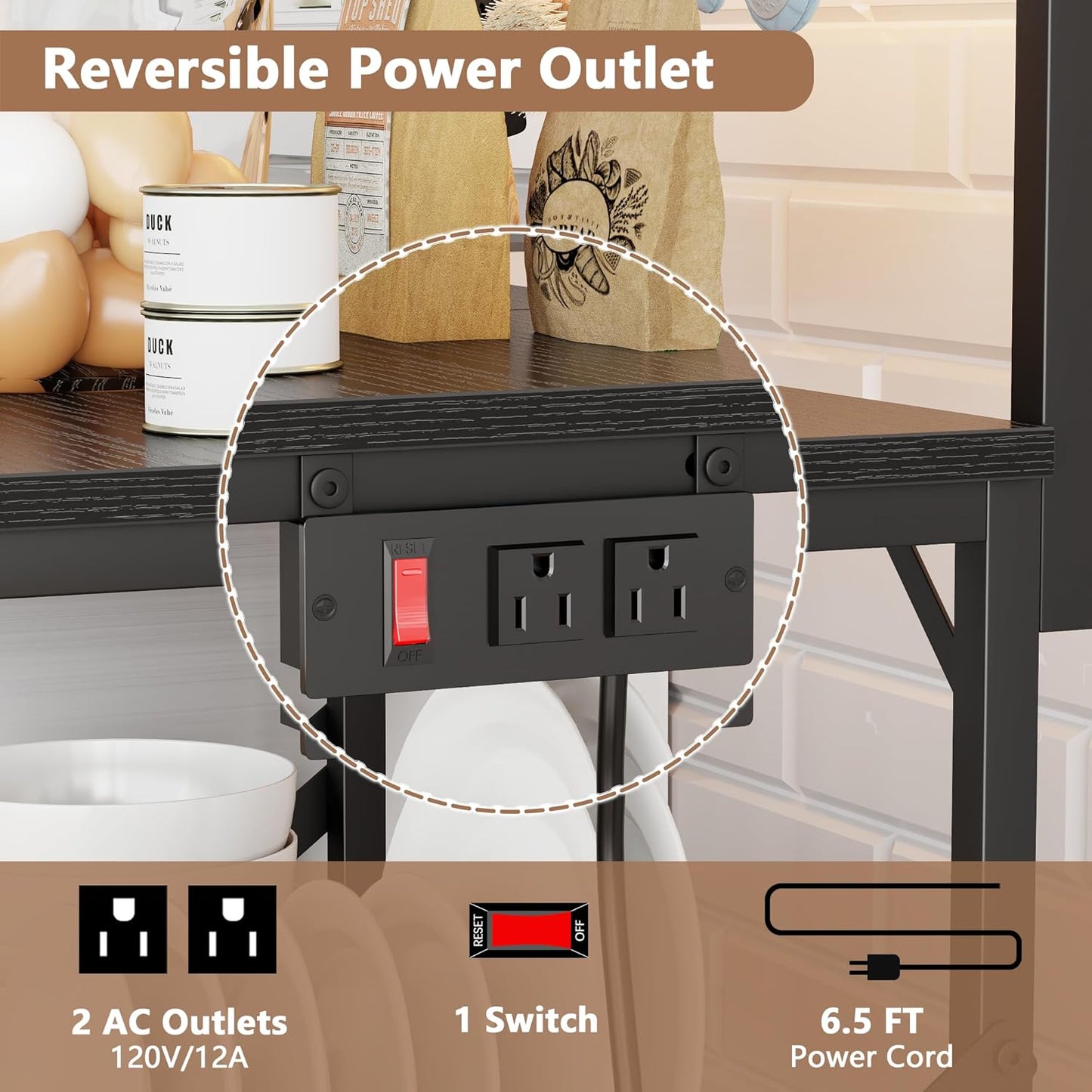 4-Tier Kitchen Bakers Rack with Power Outlet, Microwave Stand, 6 Hooks, Coffee Bar Table, Black
