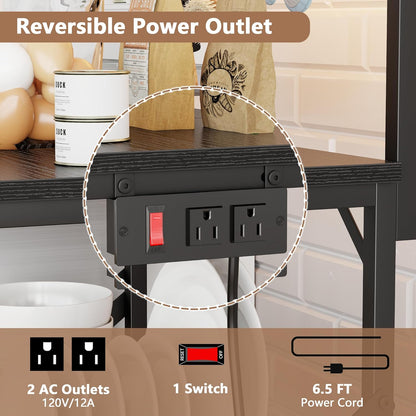 4-Tier Kitchen Bakers Rack with Power Outlet, Microwave Stand, 6 Hooks, Coffee Bar Table, Black