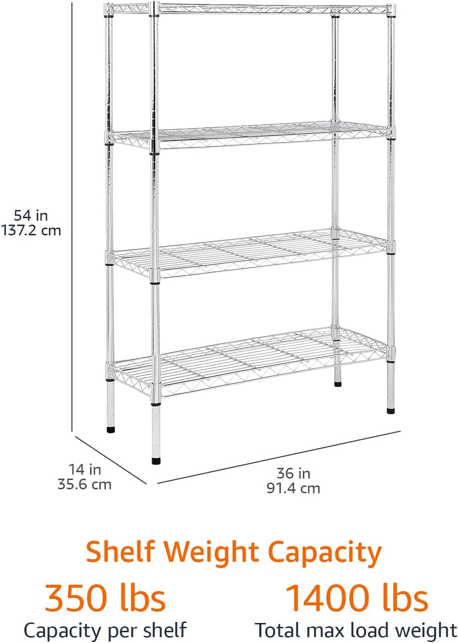 4-Shelf Adjustable Heavy-Duty Steel Wire Storage Rack, Organizer for Kitchen or Garage, 36" L x 14" W x 54" H, Chrome Silver