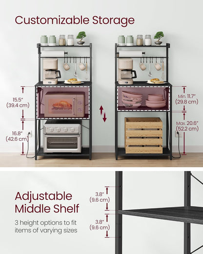 4-Tier Kitchen Bakers Rack with Power Outlet, Coffee Bar, Microwave Stand, Adjustable Shelf, 8 Hooks, Small Space Storage, Charcoal Gray and Ink Black