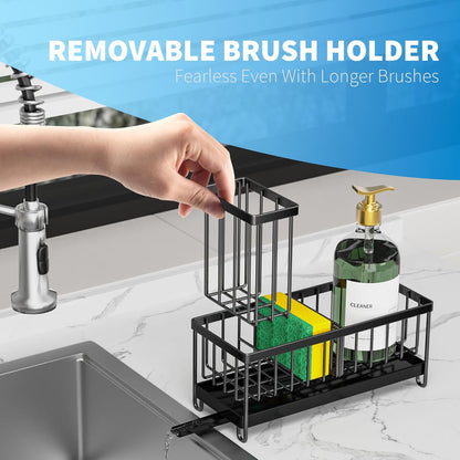 Black Kitchen Sink Sponge Holder Caddy, Rustproof 304 Stainless Steel with Brush & Soap Organizer
