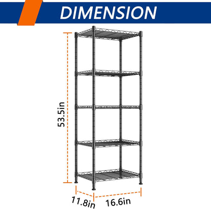 5-Wire Metal Shelving Rack with Adjustable Shelves, Standing Storage Unit for Laundry, Bathroom, Kitchen, Pantry, or Closet, 11.8" D x 16.6" W x 53.5" H, Black
