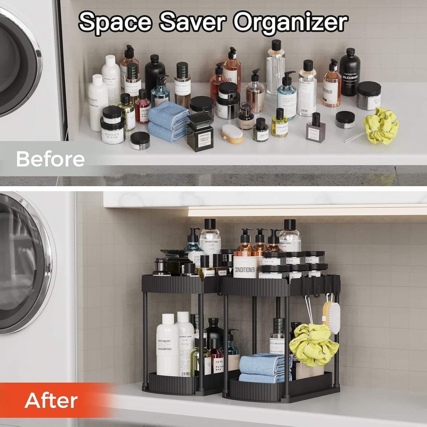 2 Pack Multi-Purpose Pull-Out Storage Organizers, 12.8" Under-Sink and Under-Cabinet Storage for Bathroom & Kitchen, Black
