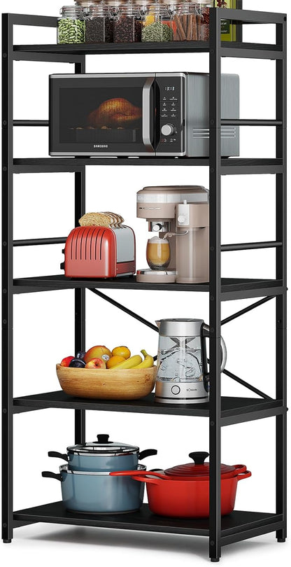 5-Tier Bakers Rack, Industrial Microwave Stand, Coffee Bar, Kitchen Storage Shelf, 23.62x15.75x60.24", Black