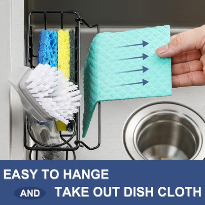 3-in-1 Kitchen Sink Sponge Holder, Hanging Caddy Organizer Rack for Sponge, Dish Cloth, Brush, Scrubber, 304 Stainless Steel, Black, Suction Cup & Adhesive Hook Options