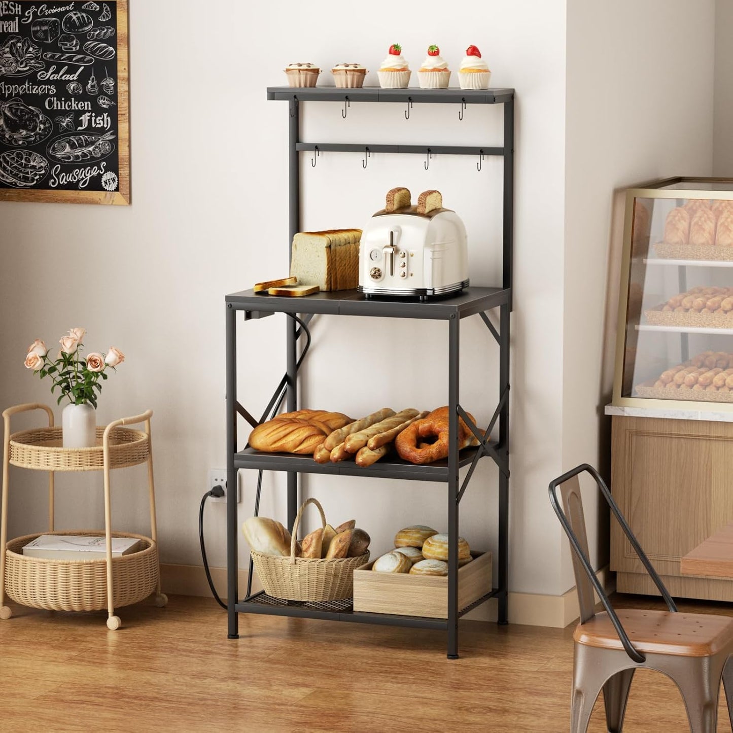 4-Tier Kitchen Bakers Rack with Power Outlet, Coffee Bar Table, Microwave Stand, 8 Hooks, Coffee Station Organizer, Spice and Pot Storage, Black
