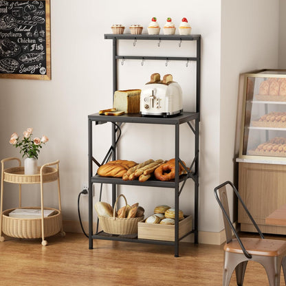 4-Tier Kitchen Bakers Rack with Power Outlet, Coffee Bar Table, Microwave Stand, 8 Hooks, Coffee Station Organizer, Spice and Pot Storage, Black