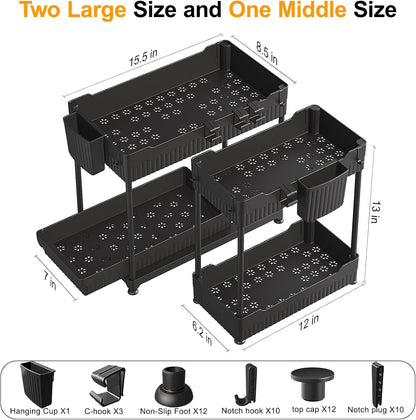 3 Pack Under-Sink 2-Tier Organizers with Sliding Drawers, Multi-Use Kitchen and Bathroom Storage, 12.8" Black Cabinet Organizer