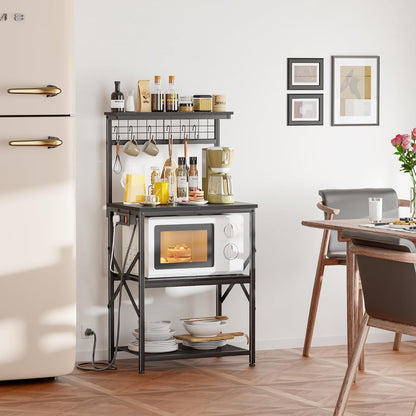 4-Tier Kitchen Bakers Rack with Power Outlet, Microwave Stand, 6 Hooks, Coffee Bar Table, Black