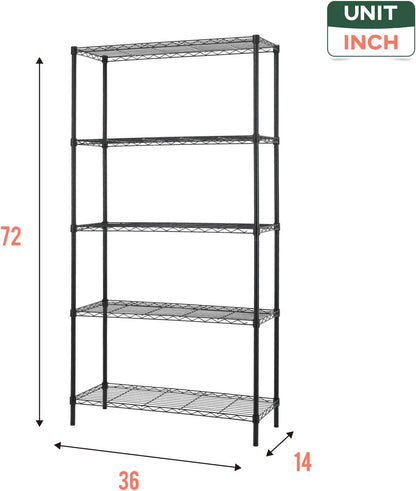 5-Tier Wire Shelving Unit, Adjustable Metal Storage Rack, 14x36x72", Heavy-Duty Steel for Kitchen, Garage, Black