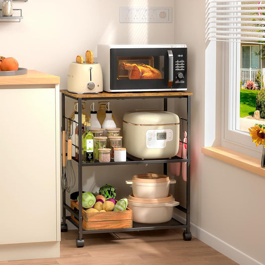 3-Tier Rolling Kitchen Microwave Cart with Storage, Utility Cart on Lockable Wheels, Coffee Cart Shelf Organizer for Living Room, Office, Balcony