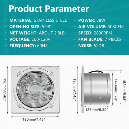 6" Kitchen and Attic Exhaust Fan with Switch, Portable Ventilation Fan with 8ft Power Cord and Damper, Silver