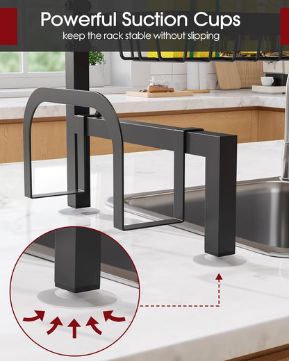 Over-the-Sink 2-Tier Dish Drying Rack, Adjustable Stainless Steel Drainer with Cutlery Holders, 30-33.9x11x21.5", Black